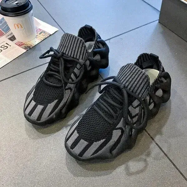 Womens Knit Mesh Sneakers | Glow-in-the-Dark Low-Top Platform Shoes in Black Gray, Black Multicolor, White