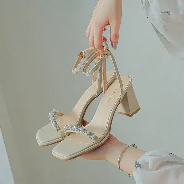 Womens Beaded Sandals | UV-Resistant Square-Toe Chunky Heel Shoes in Beige, Purple