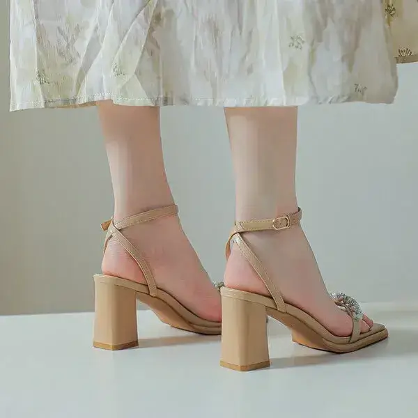 Womens Beaded Sandals | UV-Resistant Square-Toe Chunky Heel Shoes in Beige, Purple