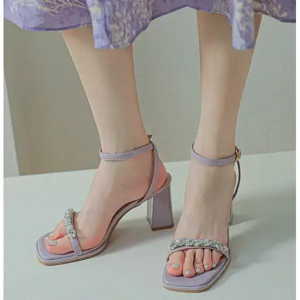 Womens Beaded Sandals | UV-Resistant Square-Toe Chunky Heel Shoes in Beige, Purple