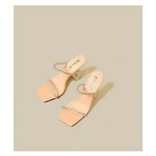 Womens Rhinestone Slippers | UV-Resistant Square-Toe High-Heel Shoes in Black, Peach, White