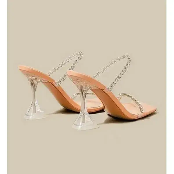 Womens Rhinestone Slippers | UV-Resistant Square-Toe High-Heel Shoes in Black, Peach, White