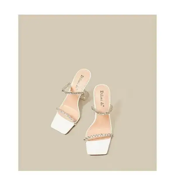 Womens Rhinestone Slippers | UV-Resistant Square-Toe High-Heel Shoes in Black, Peach, White
