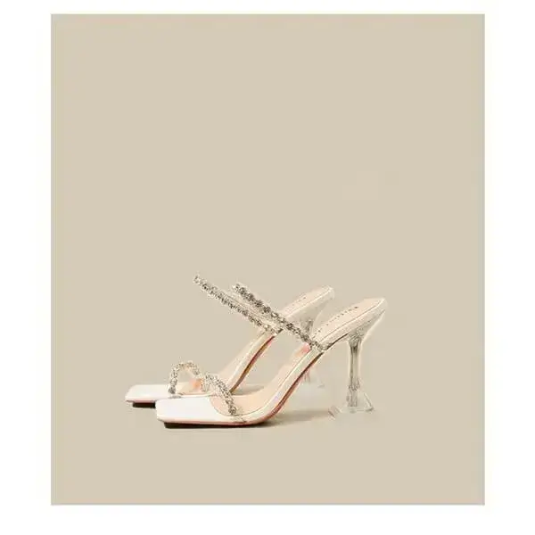 Womens Rhinestone Slippers | UV-Resistant Square-Toe High-Heel Shoes in Black, Peach, White
