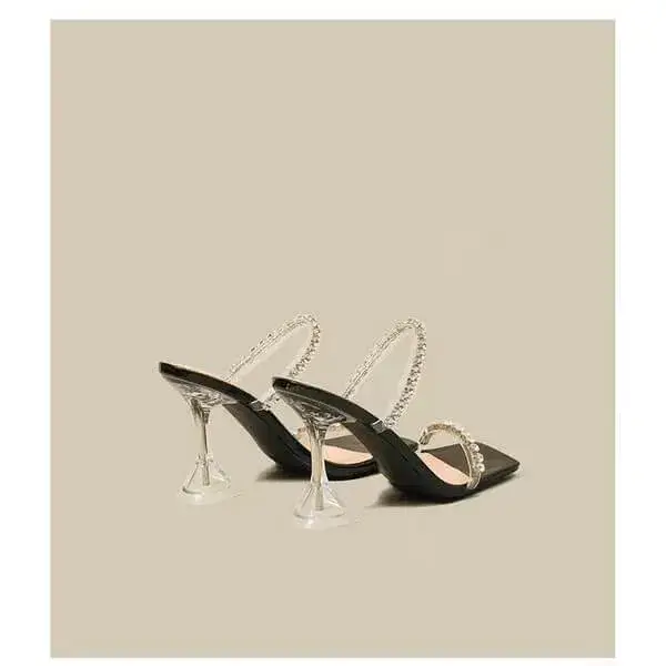 Womens Rhinestone Slippers | UV-Resistant Square-Toe High-Heel Shoes in Black, Peach, White