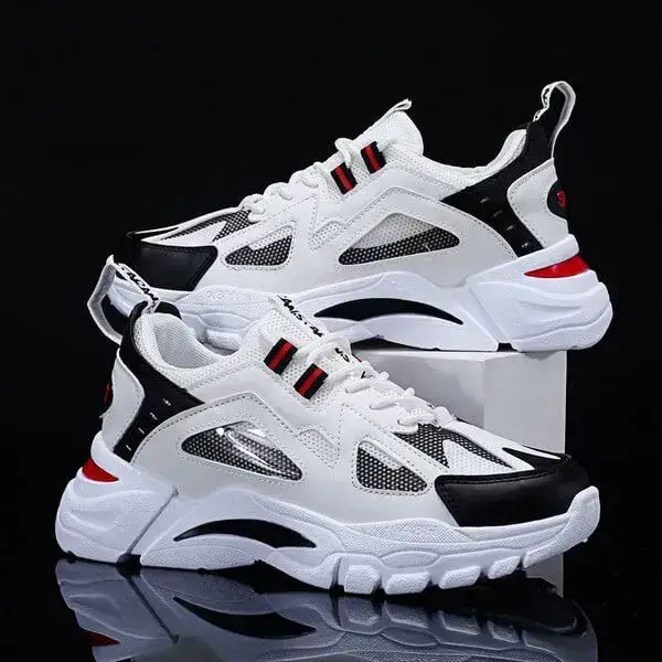 Mens Colorblock Mesh Sneakers | Breathable Lightweight Platform Casual Shoes in White Blue, White Red, Black