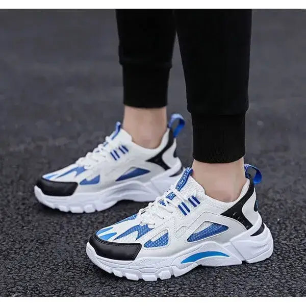Mens Colorblock Mesh Sneakers | Breathable Lightweight Platform Casual Shoes in White Blue, White Red, Black