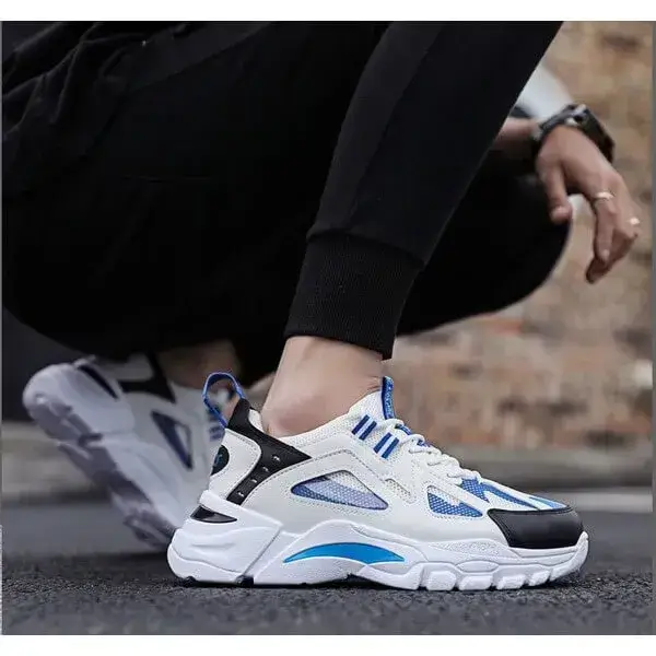 Mens Colorblock Mesh Sneakers | Breathable Lightweight Platform Casual Shoes in White Blue, White Red, Black