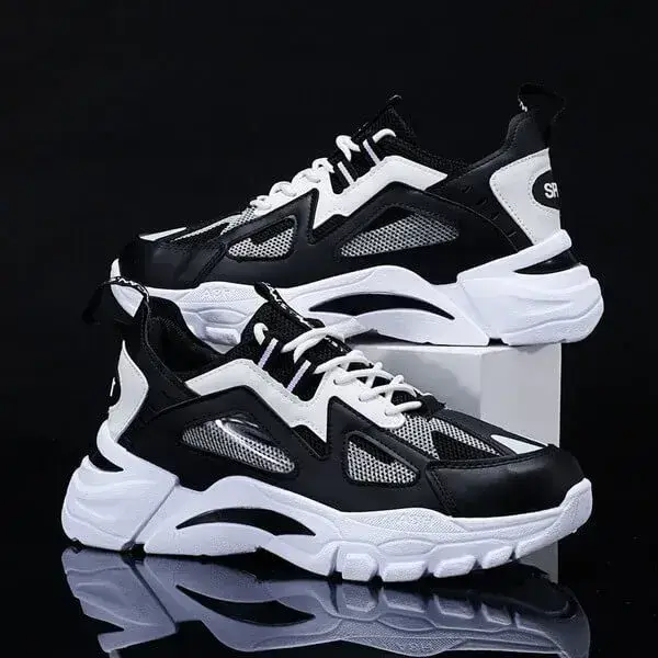 Mens Colorblock Mesh Sneakers | Breathable Lightweight Platform Casual Shoes in White Blue, White Red, Black