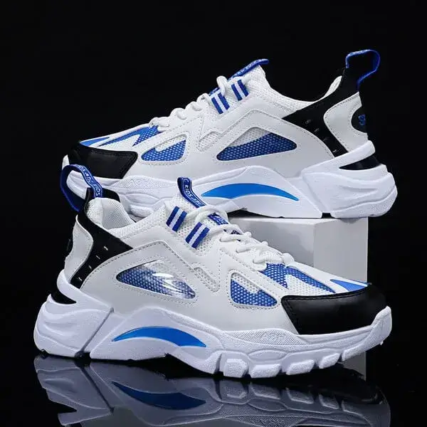 Mens Colorblock Mesh Sneakers | Breathable Lightweight Platform Casual Shoes in White Blue, White Red, Black