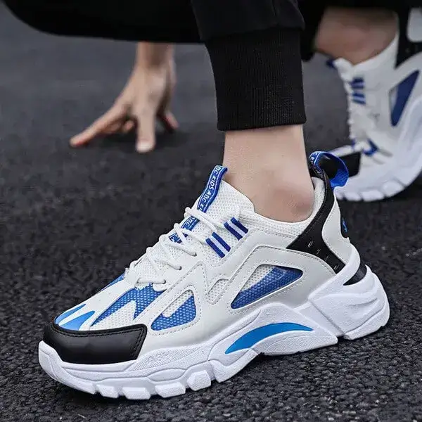 Mens Colorblock Mesh Sneakers | Breathable Lightweight Platform Casual Shoes in White Blue, White Red, Black