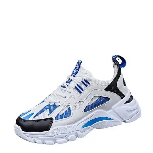 Mens Colorblock Mesh Sneakers | Breathable Lightweight Platform Casual Shoes in White Blue, White Red, Black