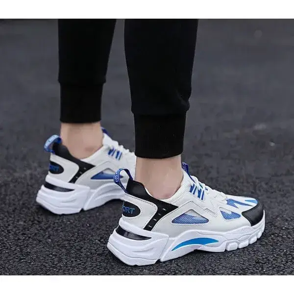 Mens Colorblock Mesh Sneakers | Breathable Lightweight Platform Casual Shoes in White Blue, White Red, Black