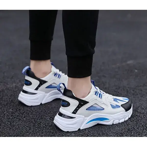 Mens Colorblock Mesh Sneakers | Breathable Lightweight Platform Casual Shoes in White Blue, White Red, Black
