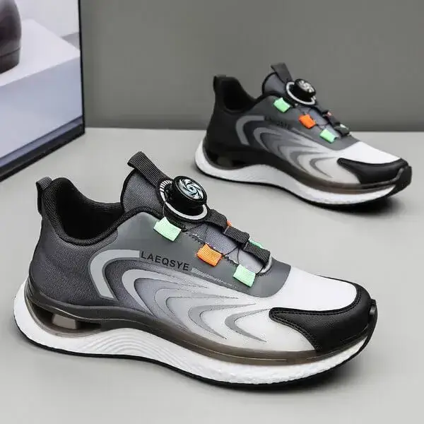 Mens Colorblock Running Sneakers | Soft Sole Shock-Absorbing Breathable Comfort in White Blue, White Black, Black Gold
