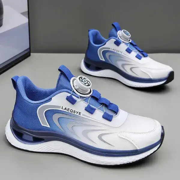 Mens Colorblock Running Sneakers | Soft Sole Shock-Absorbing Breathable Comfort in White Blue, White Black, Black Gold