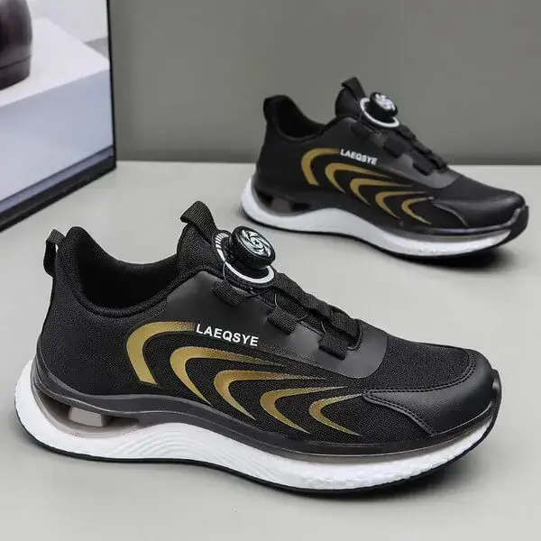 Mens Colorblock Running Sneakers | Soft Sole Shock-Absorbing Breathable Comfort in White Blue, White Black, Black Gold
