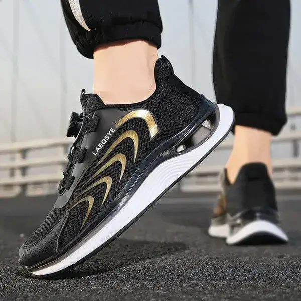 Mens Colorblock Running Sneakers | Soft Sole Shock-Absorbing Breathable Comfort in White Blue, White Black, Black Gold