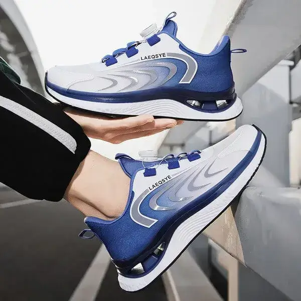 Mens Colorblock Running Sneakers | Soft Sole Shock-Absorbing Breathable Comfort in White Blue, White Black, Black Gold