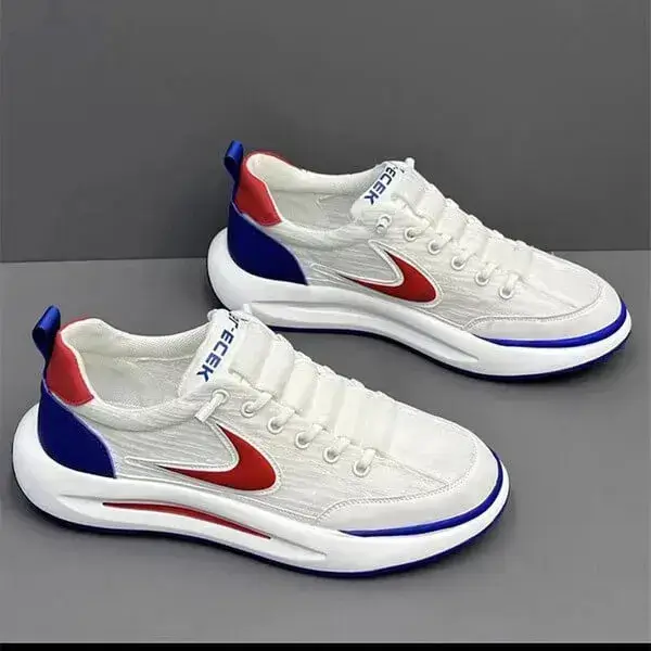 Mens Colorblock Mesh Sneakers | Breathable Low-Top Casual Shoes in White Black, White Red