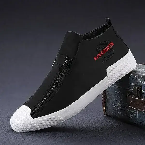 Mens Embroidery Zipper Canvas Shoes | High-Top Casual Comfort in All Black, Black White, Dark Green, Grey, Khaki
