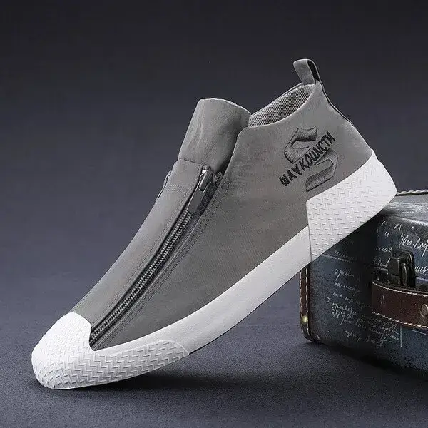 Mens Embroidery Zipper Canvas Shoes | High-Top Casual Comfort in All Black, Black White, Dark Green, Grey, Khaki
