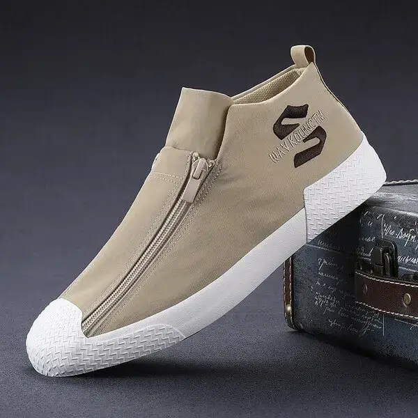 Mens Embroidery Zipper Canvas Shoes | High-Top Casual Comfort in All Black, Black White, Dark Green, Grey, Khaki
