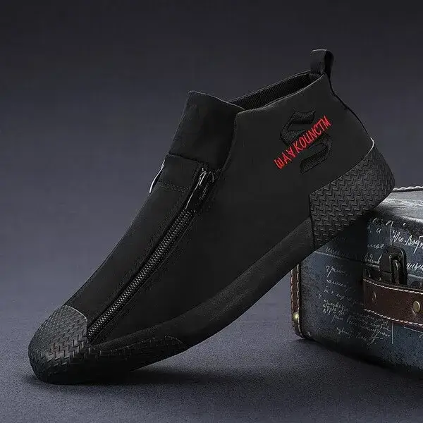 Mens Embroidery Zipper Canvas Shoes | High-Top Casual Comfort in All Black, Black White, Dark Green, Grey, Khaki