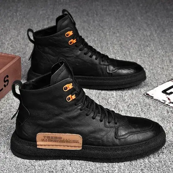 Mens Label PU High-Top Sneakers | Chunky Heel Casual Shoes in Black