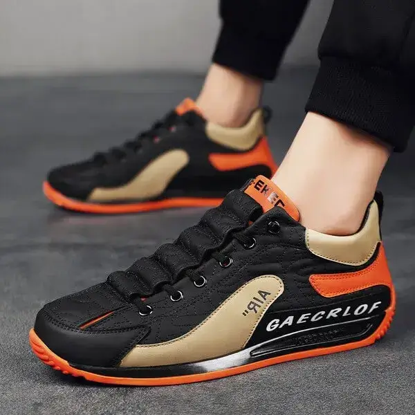 Mens Lightweight Colorblock Sneakers | Breathable Low-Top Casual Shoes in Black Orange, White