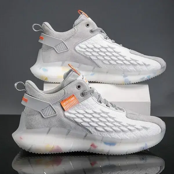 Mens Fish-Scale Sneakers | Breathable Colorblock Mid-Top Casual Shoes in Black, Black White, White