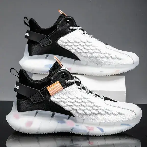 Mens Fish-Scale Sneakers | Breathable Colorblock Mid-Top Casual Shoes in Black, Black White, White