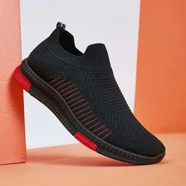 Mens Lightweight Running Sneakers | Breathable Colorblock Slip-On Shoes in Black Red, Black Grey, Grey