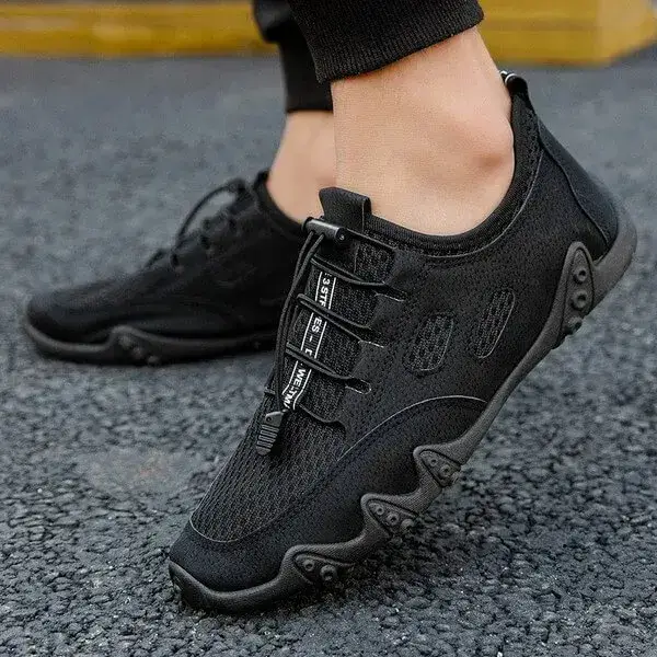Mens Breathable Mesh Sneakers | Leather Low-Top Casual Shoes in Black, Coffee, White