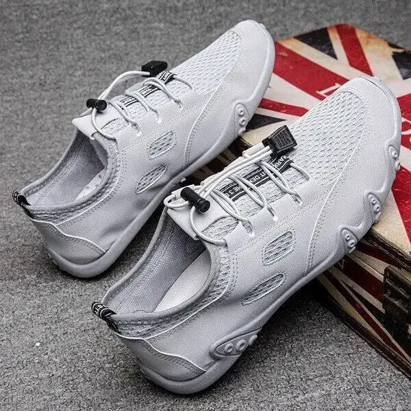 Mens Breathable Mesh Sneakers | Leather Low-Top Casual Shoes in Black, Coffee, White