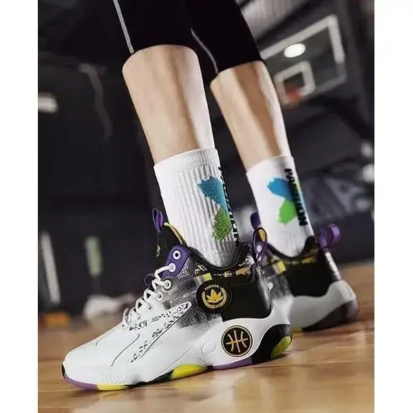 Mens Colorblock PU Sneakers | Luminescent Letters Mid-Top Casual Shoes in White Blue, White Green, White Purple