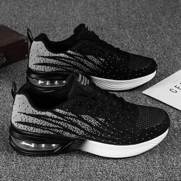 Mens Air Cushion Running Sneakers | Colorblock Breathable Low-Top Shoes in Black Blue, Black Red, Black, Red
