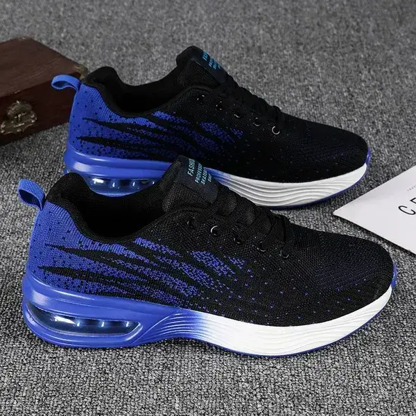 Mens Air Cushion Running Sneakers | Colorblock Breathable Low-Top Shoes in Black Blue, Black Red, Black, Red