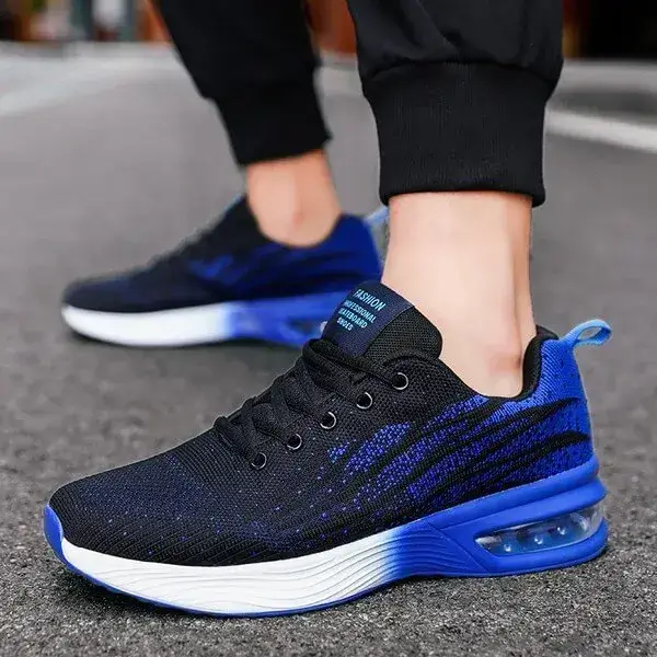 Mens Air Cushion Running Sneakers | Colorblock Breathable Low-Top Shoes in Black Blue, Black Red, Black, Red