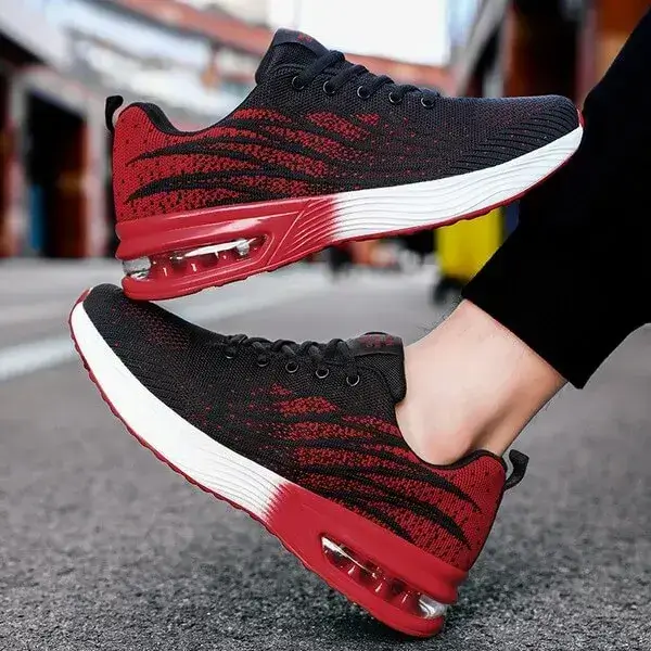 Mens Air Cushion Running Sneakers | Colorblock Breathable Low-Top Shoes in Black Blue, Black Red, Black, Red