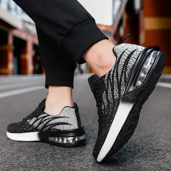 Mens Air Cushion Running Sneakers | Colorblock Breathable Low-Top Shoes in Black Blue, Black Red, Black, Red