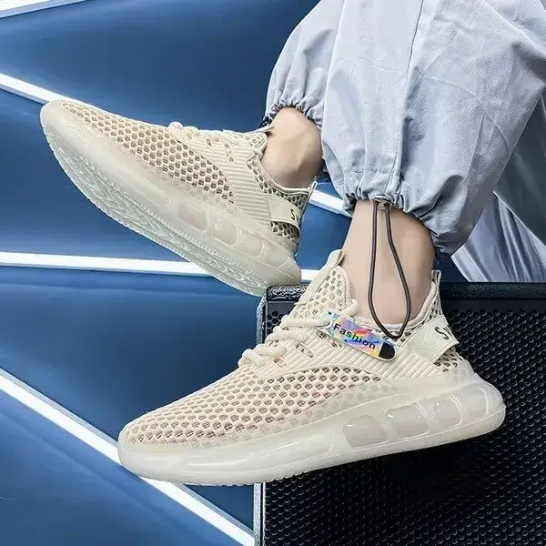 Mens Lightweight Mesh Sneakers | Breathable Thick-Sole Low-Top Shoes in Beige, Black, White