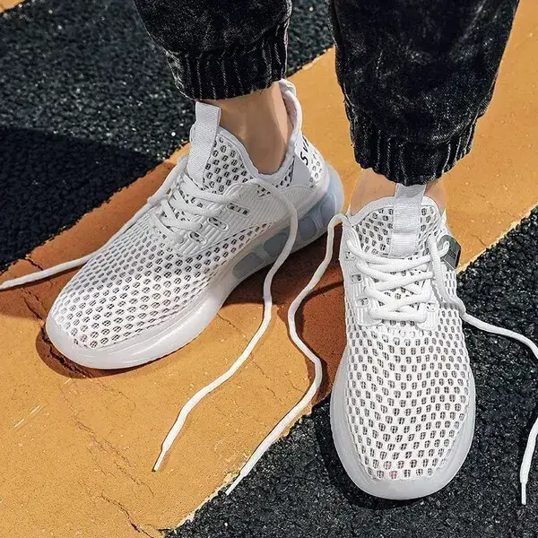 Mens Lightweight Mesh Sneakers | Breathable Thick-Sole Low-Top Shoes in Beige, Black, White
