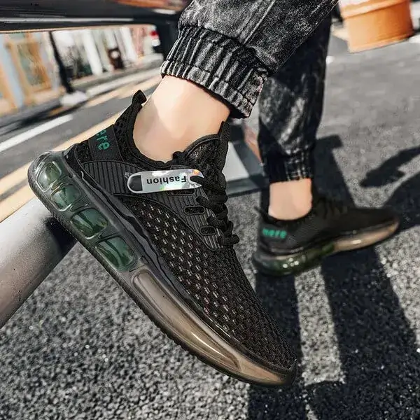 Mens Lightweight Mesh Sneakers | Breathable Thick-Sole Low-Top Shoes in Beige, Black, White