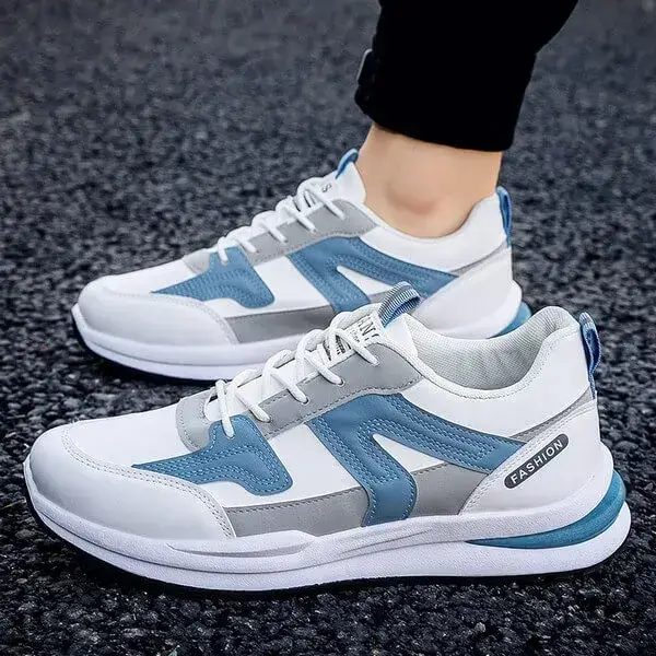 Mens Colorblock PU Sneakers | Light-Reflective Low-Top Running Shoes in White, Black