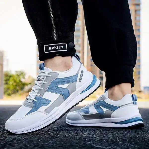 Mens Colorblock PU Sneakers | Light-Reflective Low-Top Running Shoes in White, Black