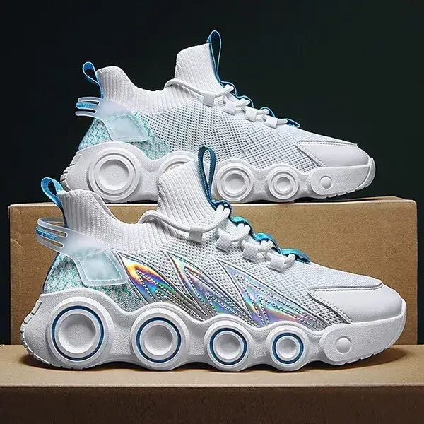 Mens Gradient Mesh Sneakers | Luminescent High-Top Casual Shoes in White, Black