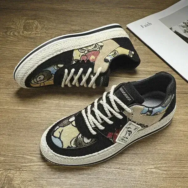 Mens Color-Matching Canvas Sneakers | UV-Resistant Low-Top Casual Shoes in Beige, Black, Green