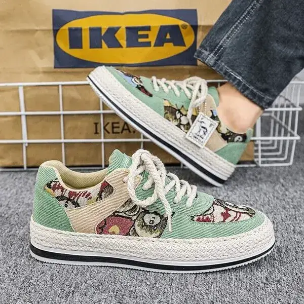 Mens Color-Matching Canvas Sneakers | UV-Resistant Low-Top Casual Shoes in Beige, Black, Green