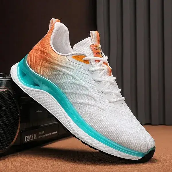 Mens Lightweight Running Sneakers | Light-Reflective Low-Top Sports Shoes in White Blue, White Orange, Black